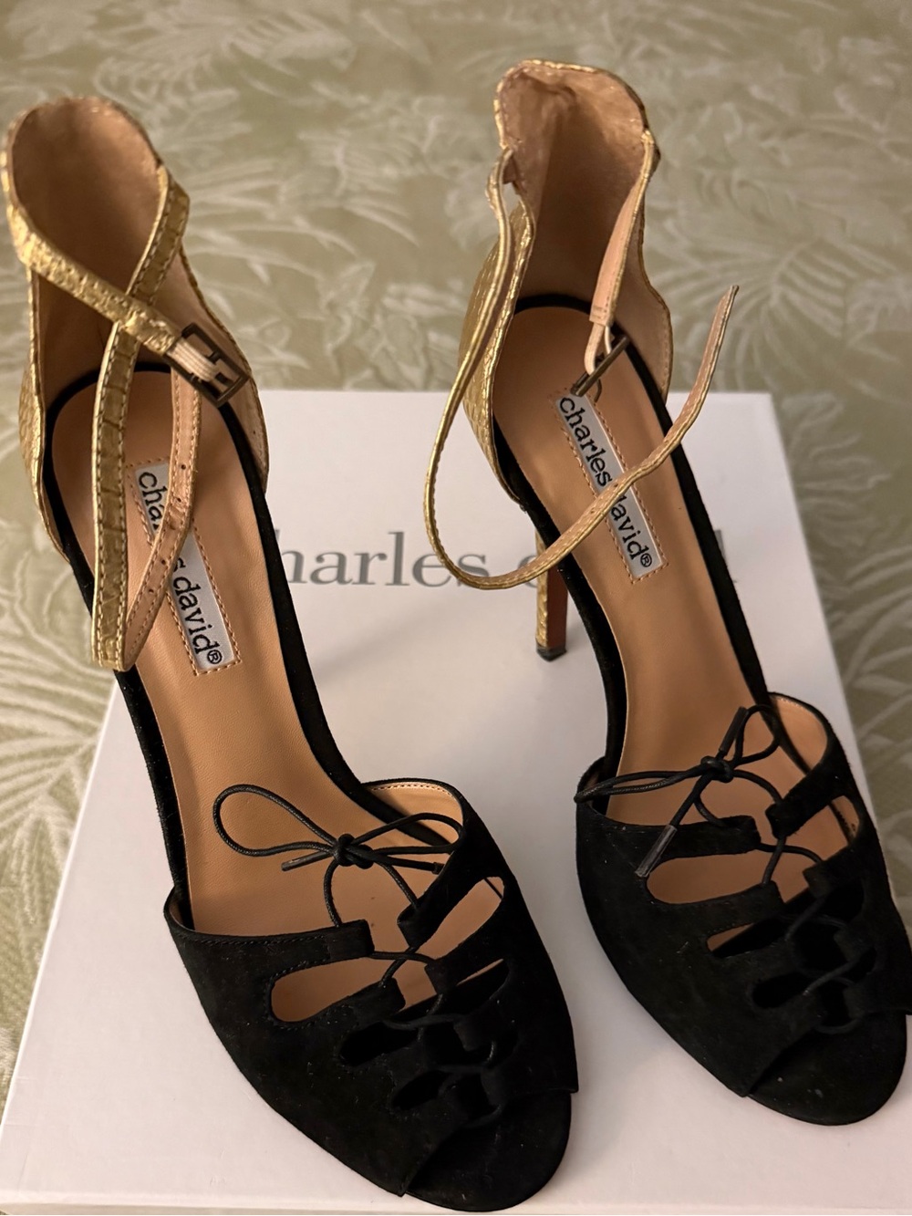Charles David VERSUS Black Suede Heels with Gold Snake Leather Ankle Straps